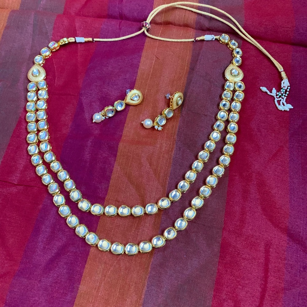 Gold-Tone Kundan Double-Strand Necklace Set with Earrings | Indian Jewelry